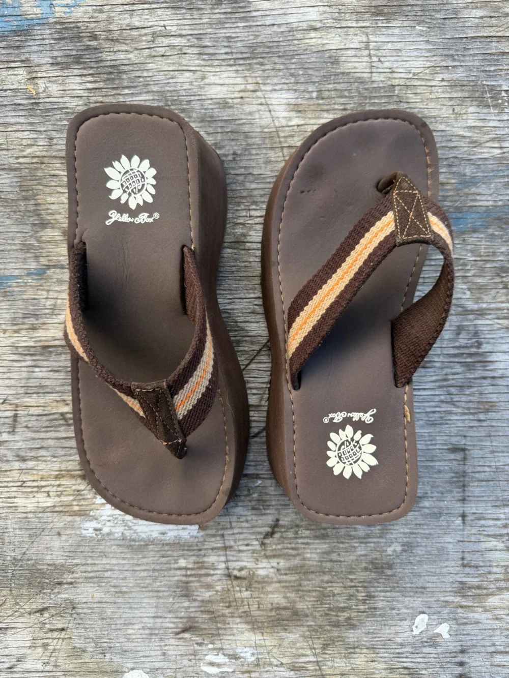 Yellow Box Brown Platform Flip Flop Sandals with Cream and Tan Stripes
